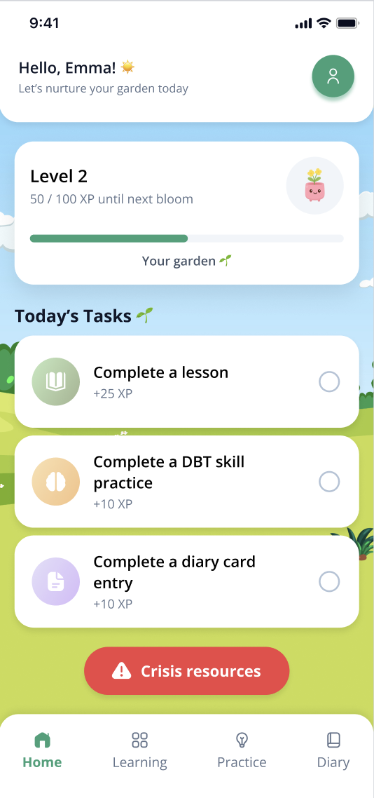 Rooted garden dashboard with daily DBT tasks