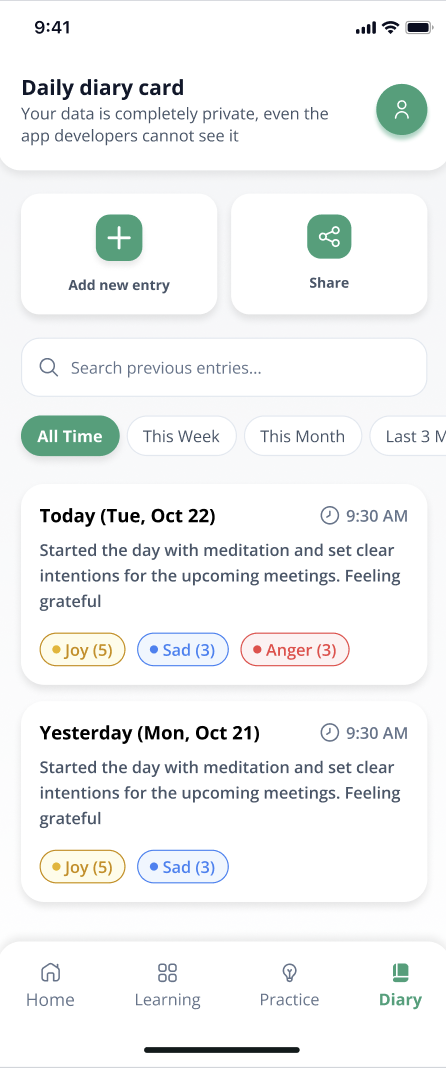 Rooted app diary history with private entries and emotion tags
