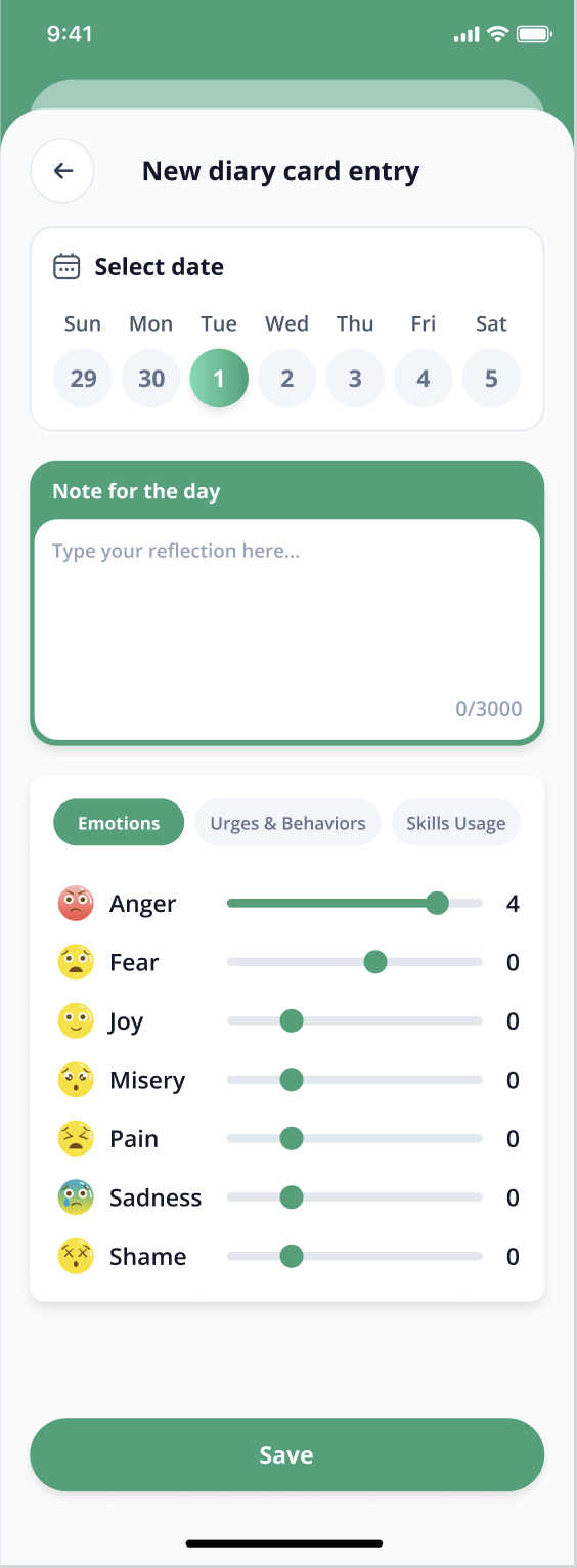 Rooted app new diary card entry with reflection and emotion tracking
