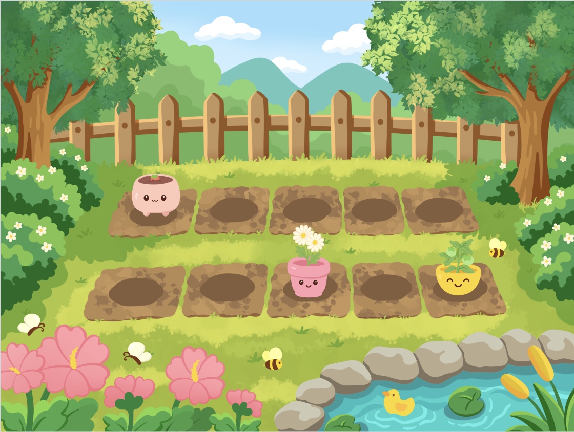 Rooted wellness garden with plant characters, flowers, bees, and a pond